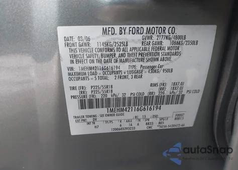 2006 Mercury Montego Premier из США, поврежденный, VIN 1MEHM42116G616194